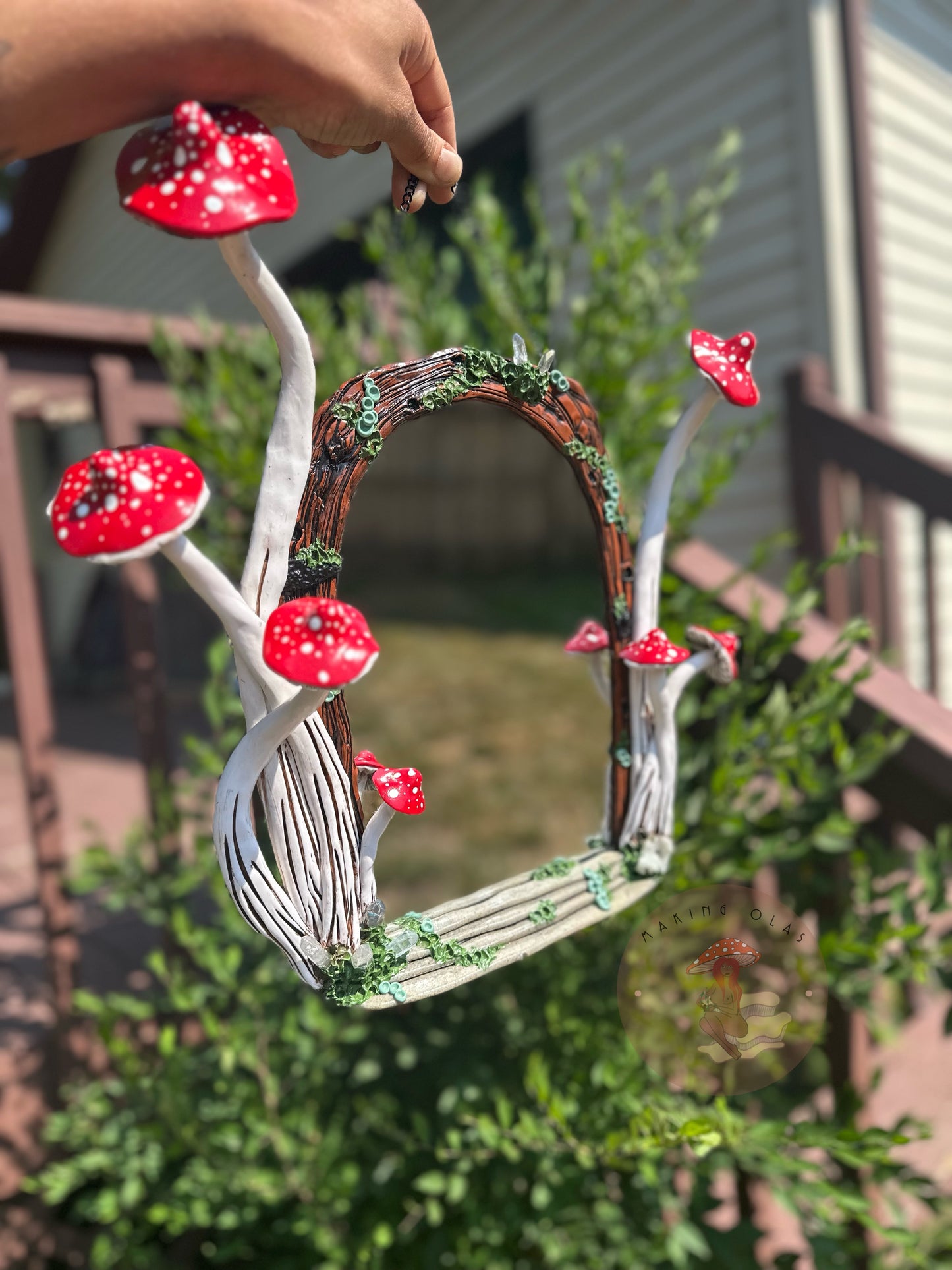 Door Hanging Mirror | Red Mushrooms + Quartz Garden Portal with jewelry hooks