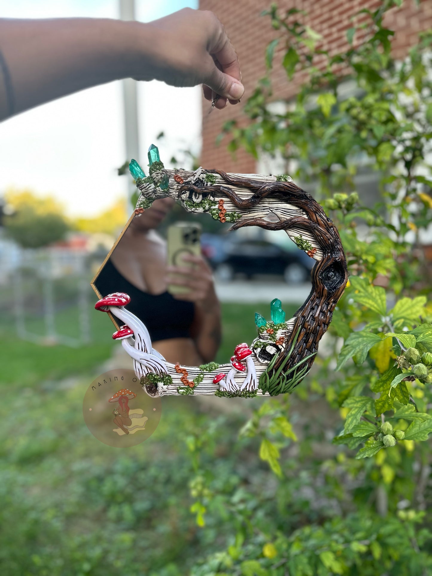 Hanging Mirror | Tree with Red Mushrooms and Quartz