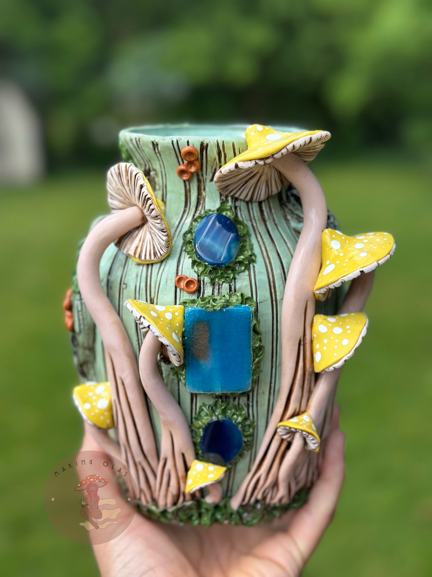 Vase | Yellow Mushrooms on Sage Wood with Triple Ocean Agates