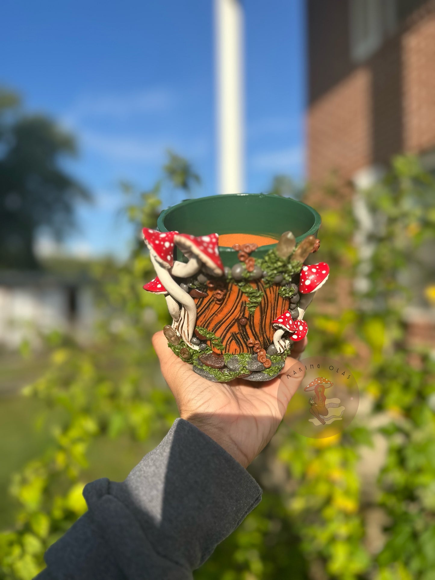Plant Pot | 4” tall Fairy House with Red Mushies + Quartz
