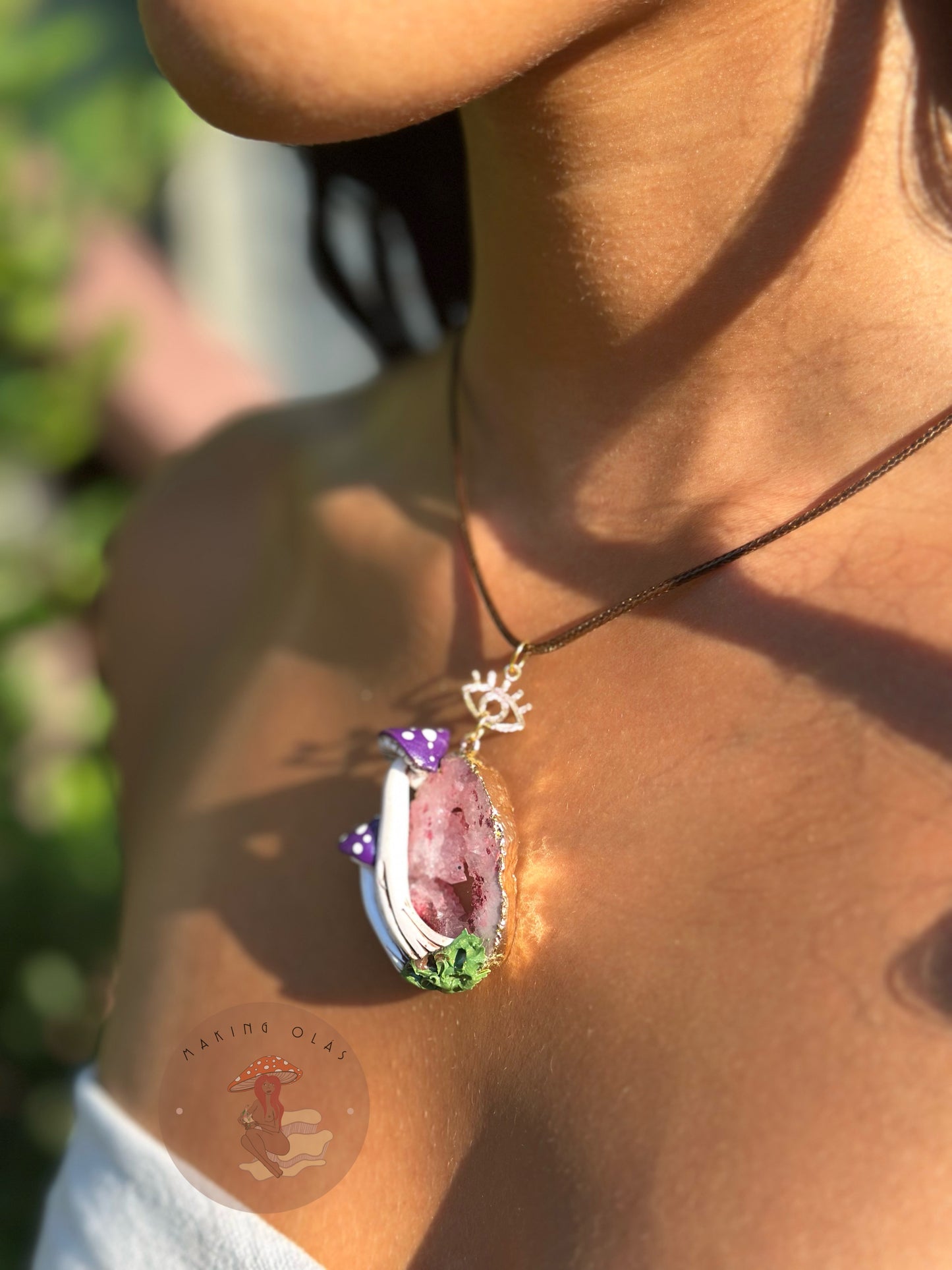 Necklace | Light Pink Quartz Cluster with Purple Mushrooms
