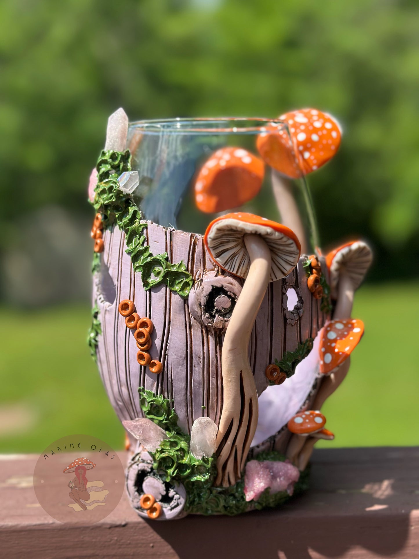 Vase | Orange Mushrooms on Lilac Wood with Quartz and Clusters
