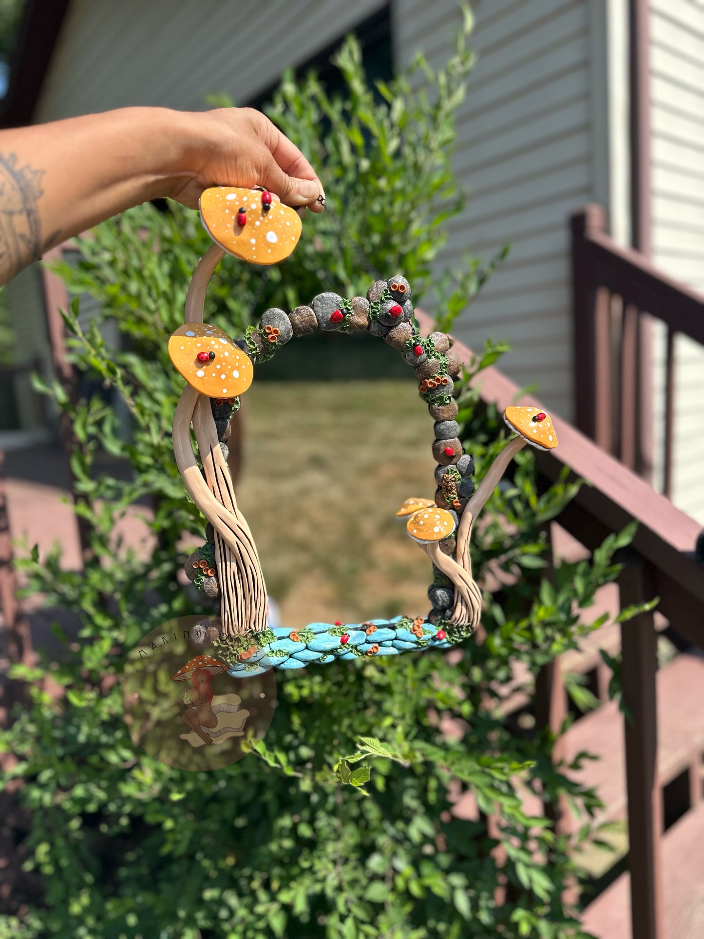 Door Hanging Mirror | Peach Mushrooms and Ladybug Garden Portal