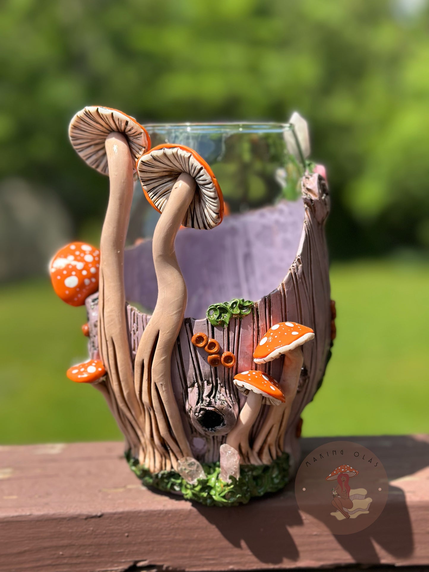 Vase | Orange Mushrooms on Lilac Wood with Quartz and Clusters