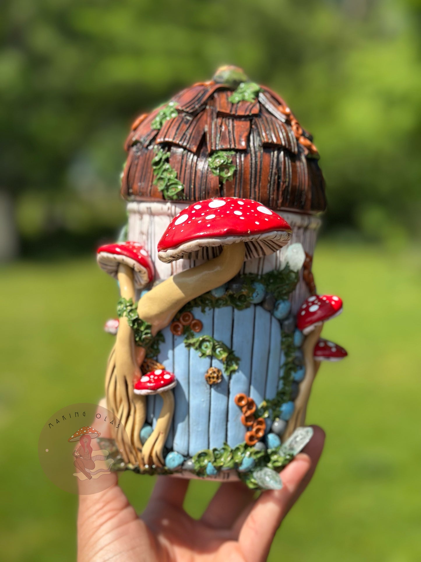 Jar | Sky Blue Door with Red Mushrooms Canopy and Thatch Roof lid
