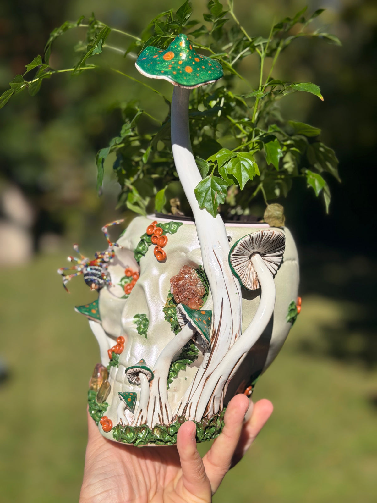 Skull Plant Pot Hanging | Green Mushrooms with Quartz + hand beaded spider