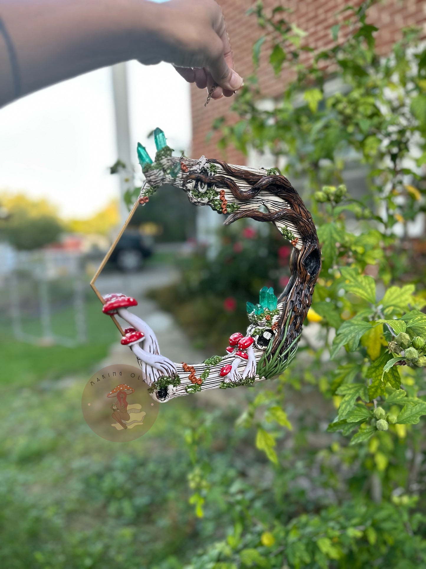 Hanging Mirror | Tree with Red Mushrooms and Quartz