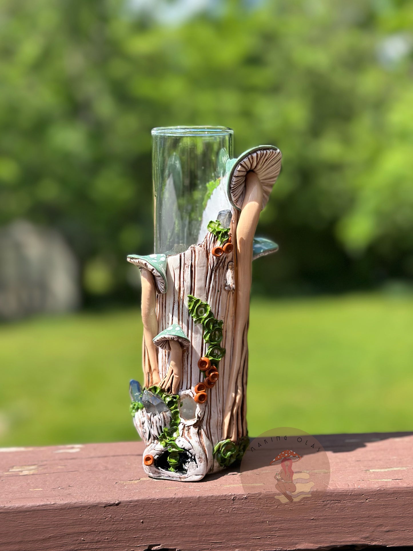 Vase | Sage Mushrooms on White Wood with Quartz
