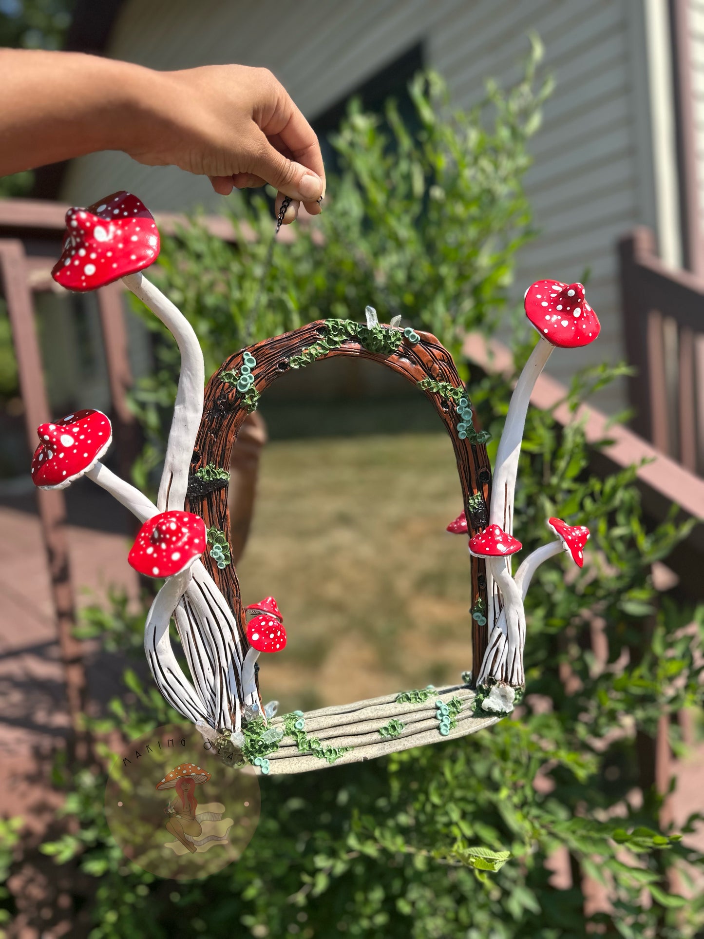 Door Hanging Mirror | Red Mushrooms + Quartz Garden Portal with jewelry hooks