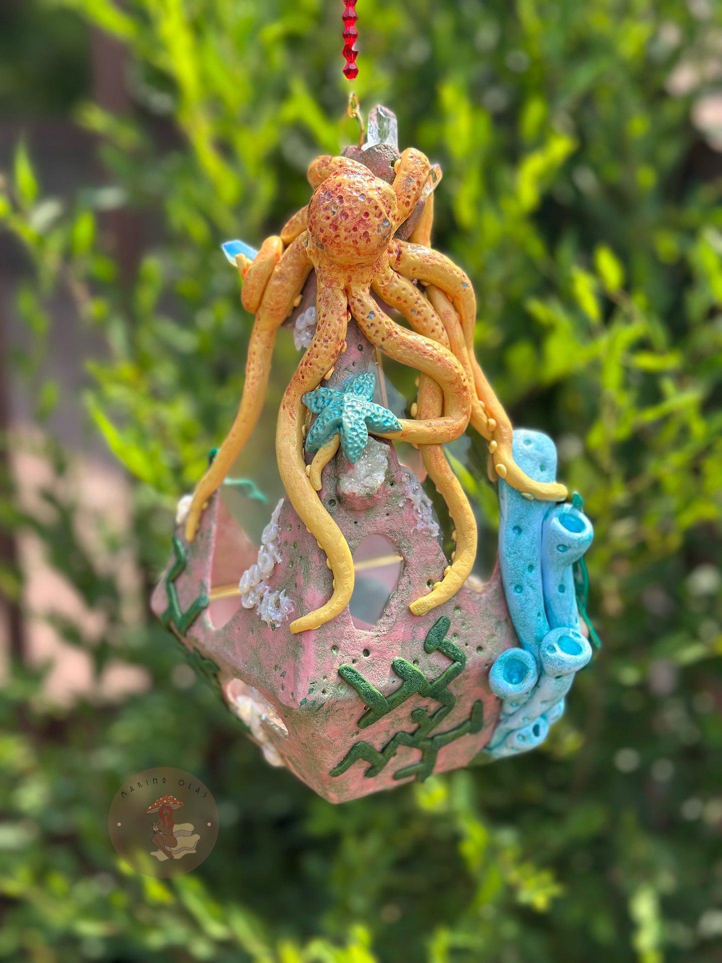 Hanging Terrarium | Yellow Octopus Ocean Floor with Quartz, Clusters and Opalite