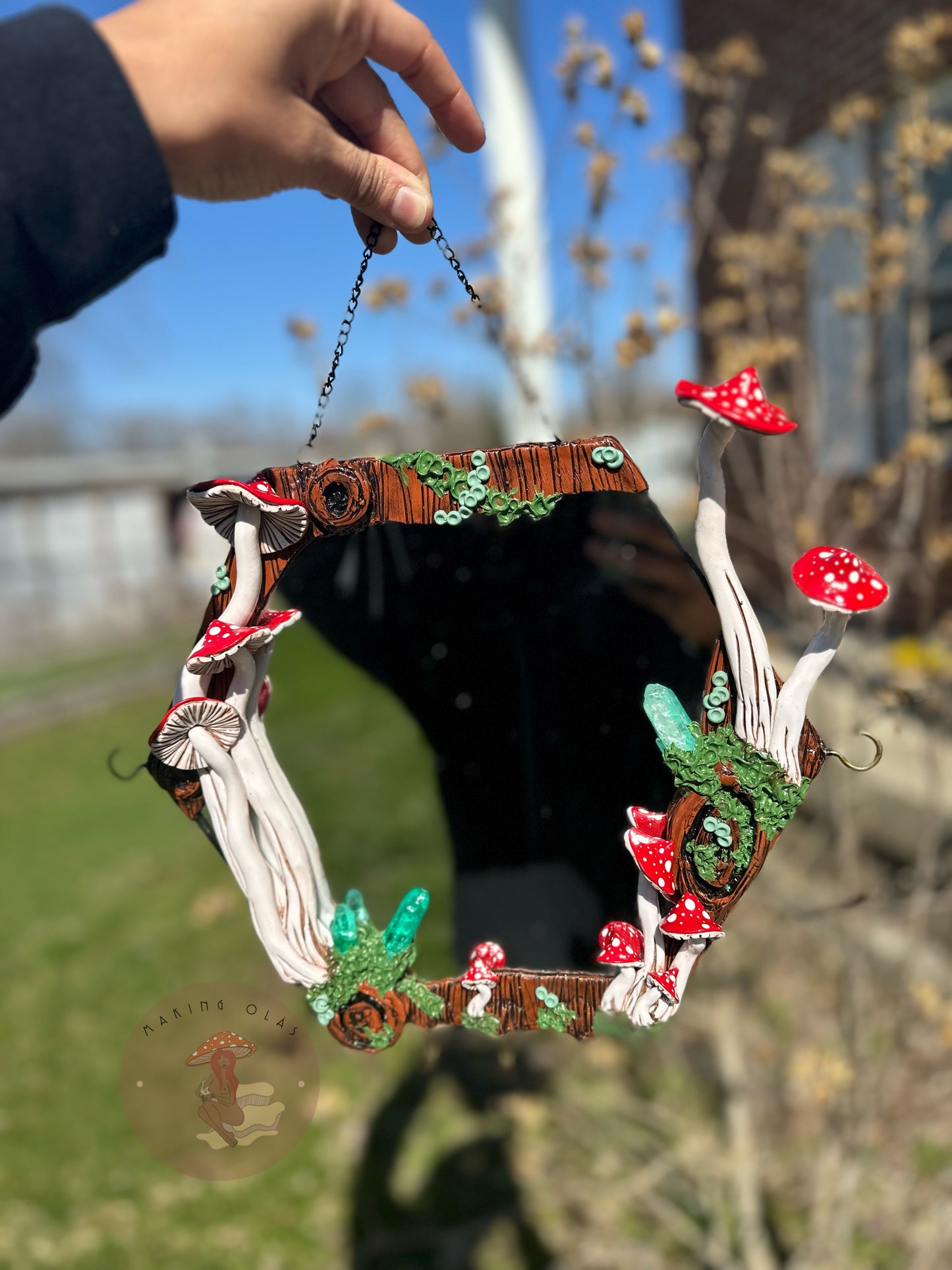 Hanging Mirror | Red Mushrooms + Green Quartz