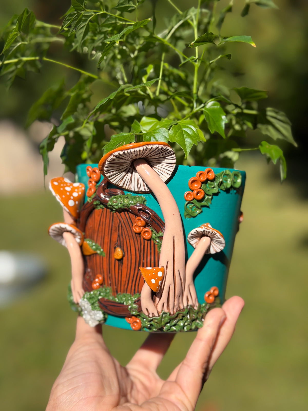 Plant Pot | Orange Mushrooms + Quartz Fairy House Door