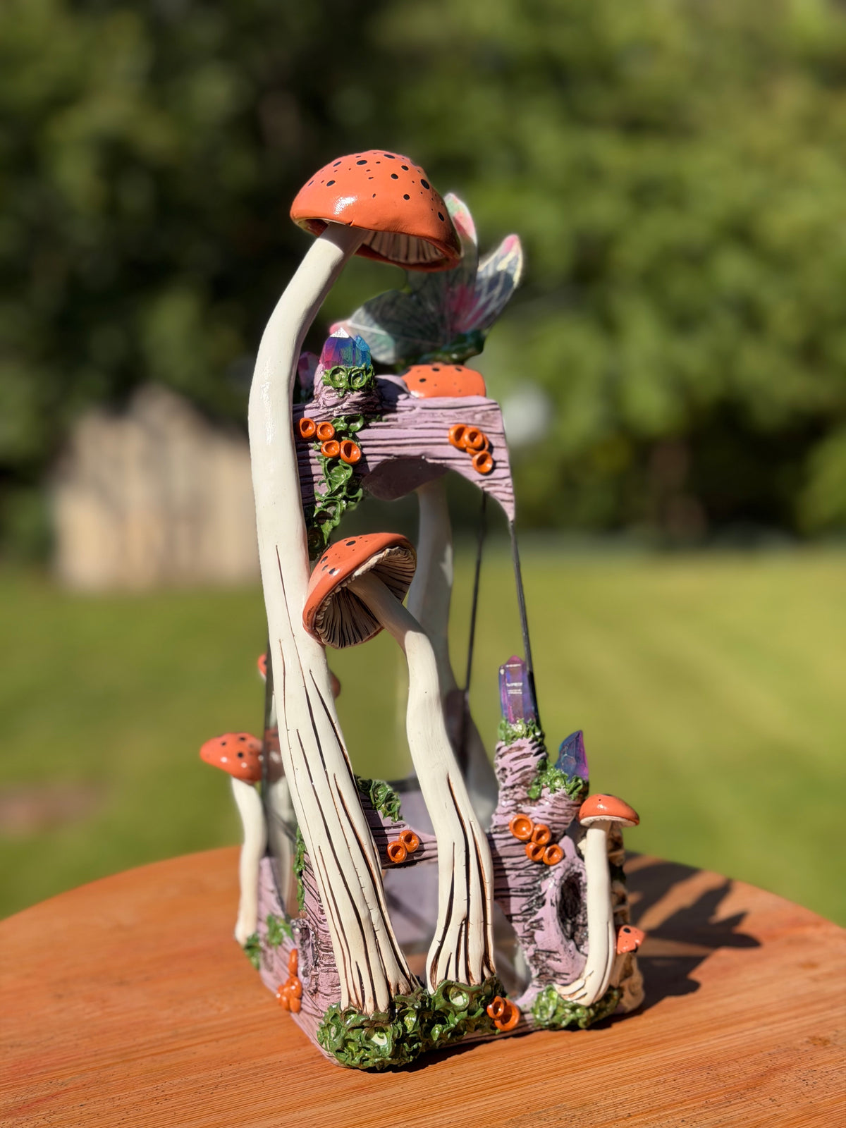 Terrarium | Coral Orange Mushrooms with Quartz + Butterfly