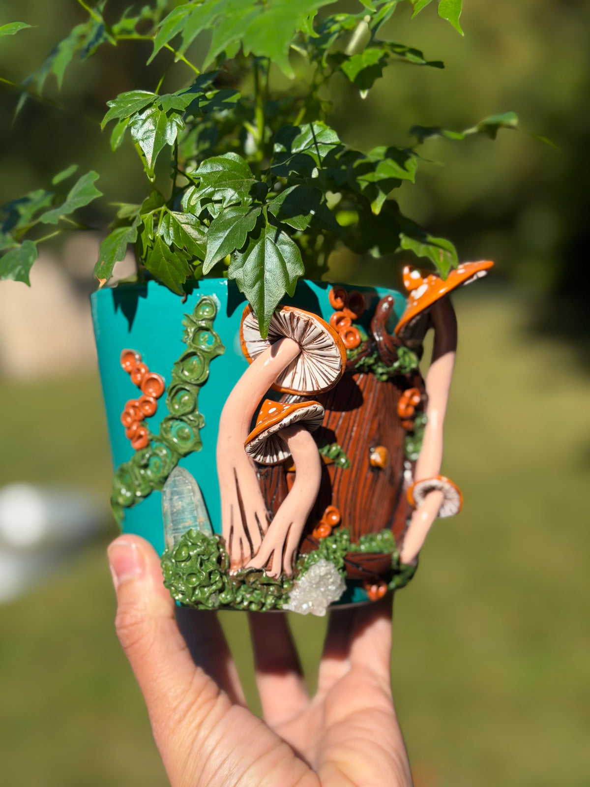 Plant Pot | Orange Mushrooms + Quartz Fairy House Door