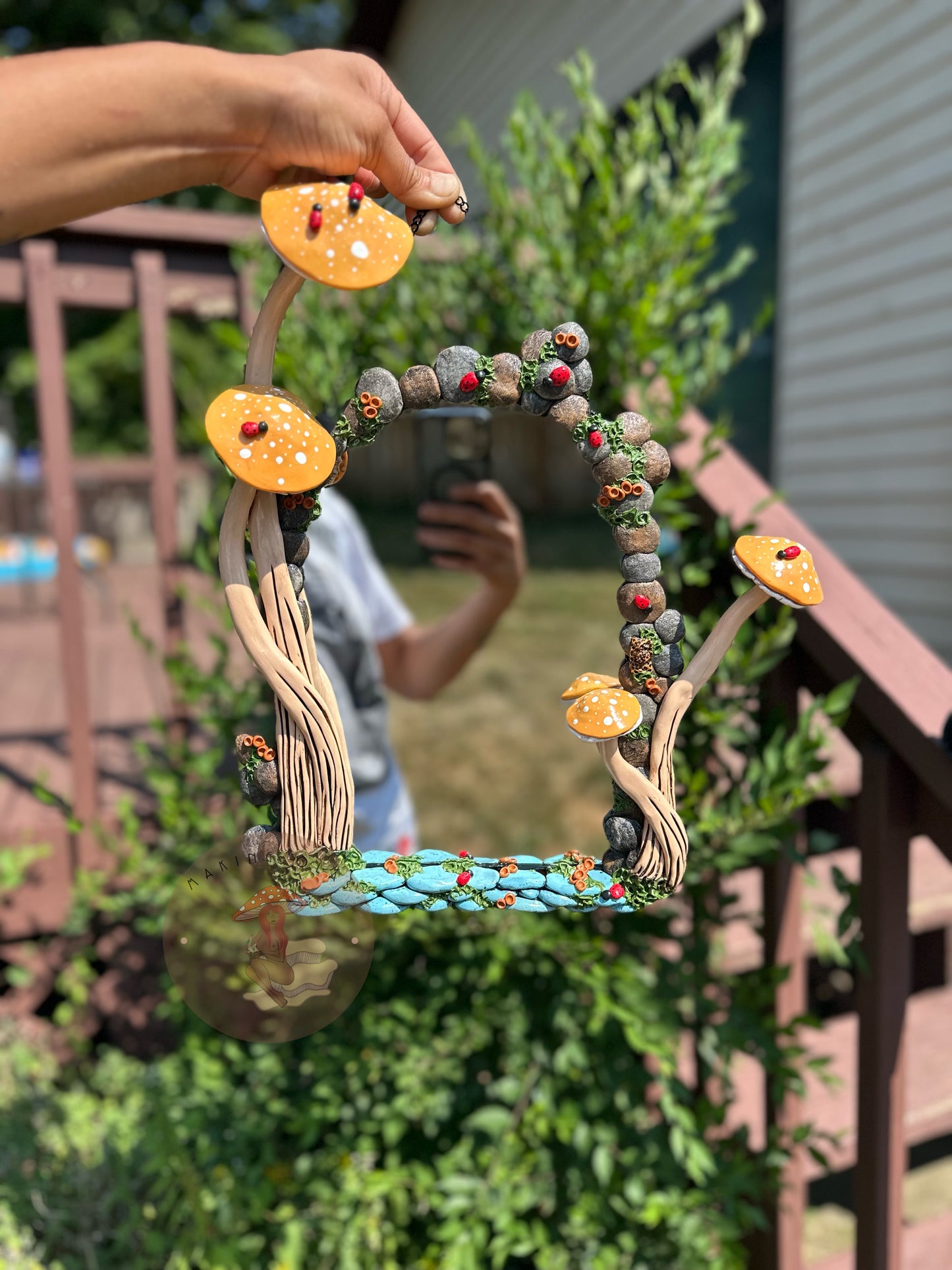 Door Hanging Mirror | Peach Mushrooms and Ladybug Garden Portal