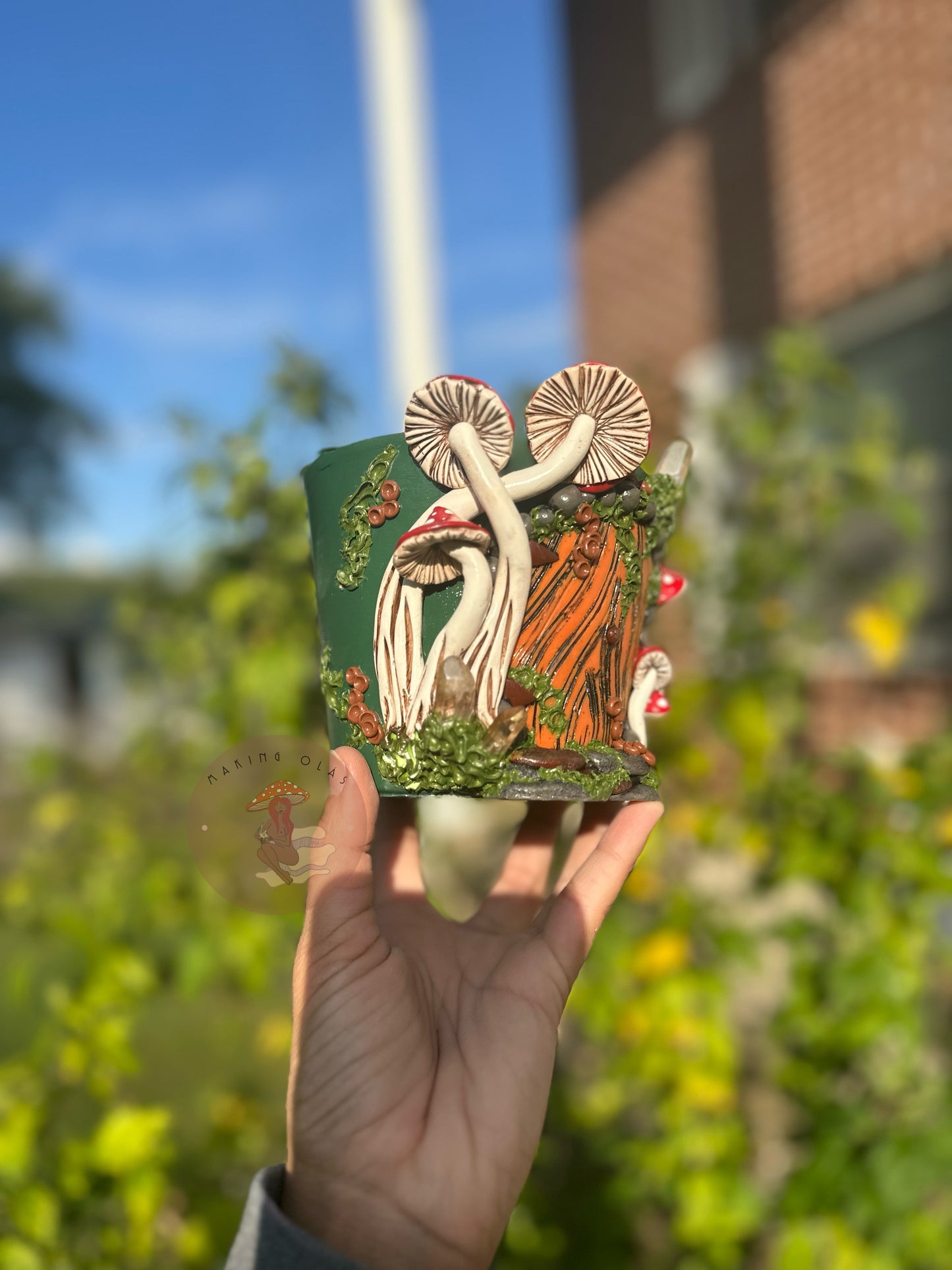 Plant Pot | 4” tall Fairy House with Red Mushies + Quartz