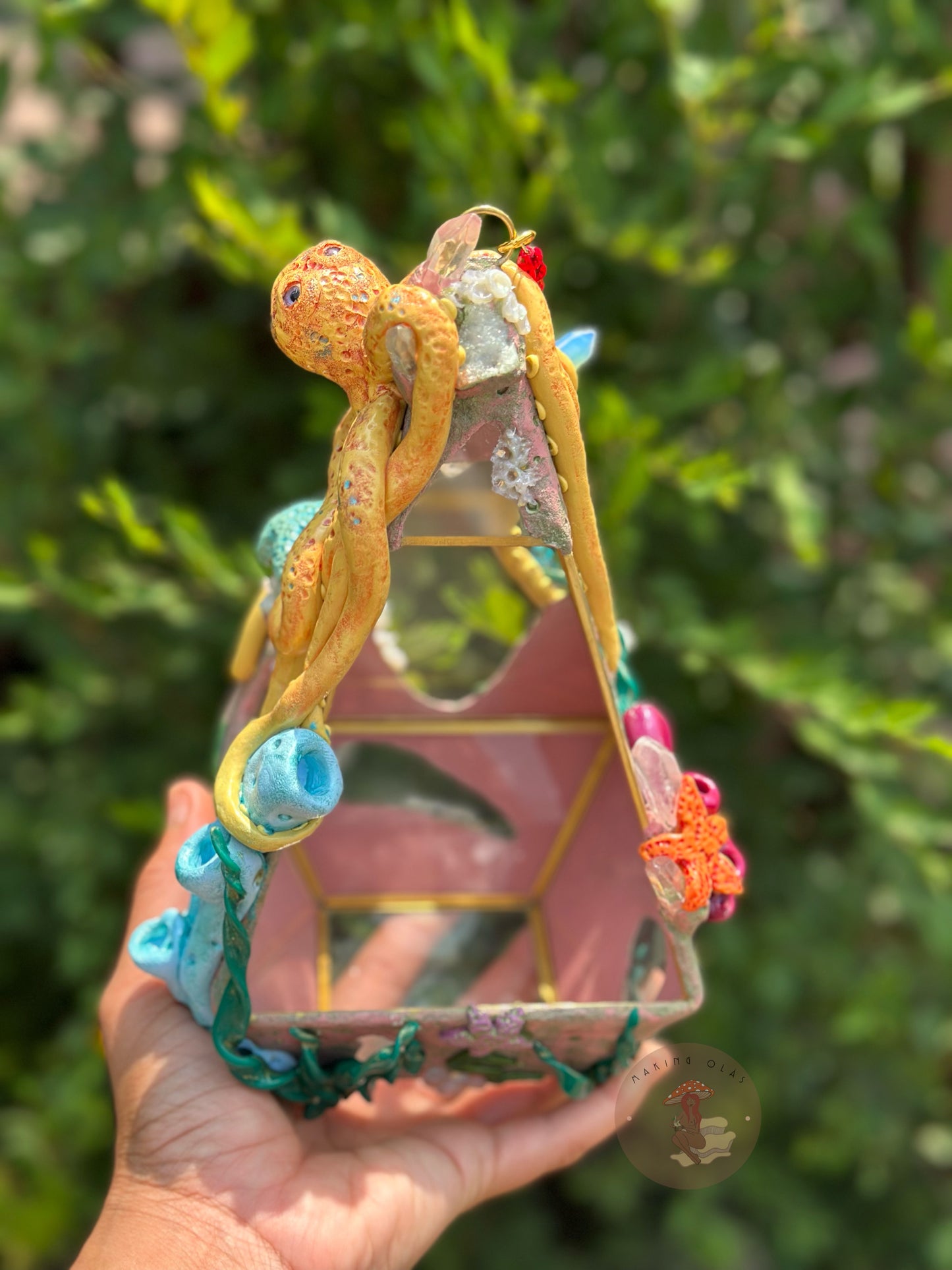 Hanging Terrarium | Yellow Octopus Ocean Floor with Quartz, Clusters and Opalite