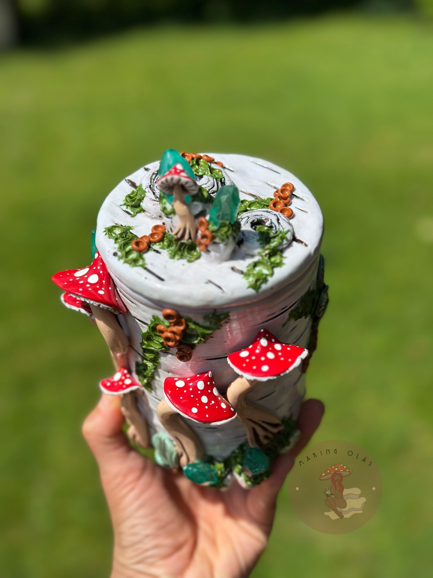 Jar | Red Mushrooms on Birch Wood with Green Quartz