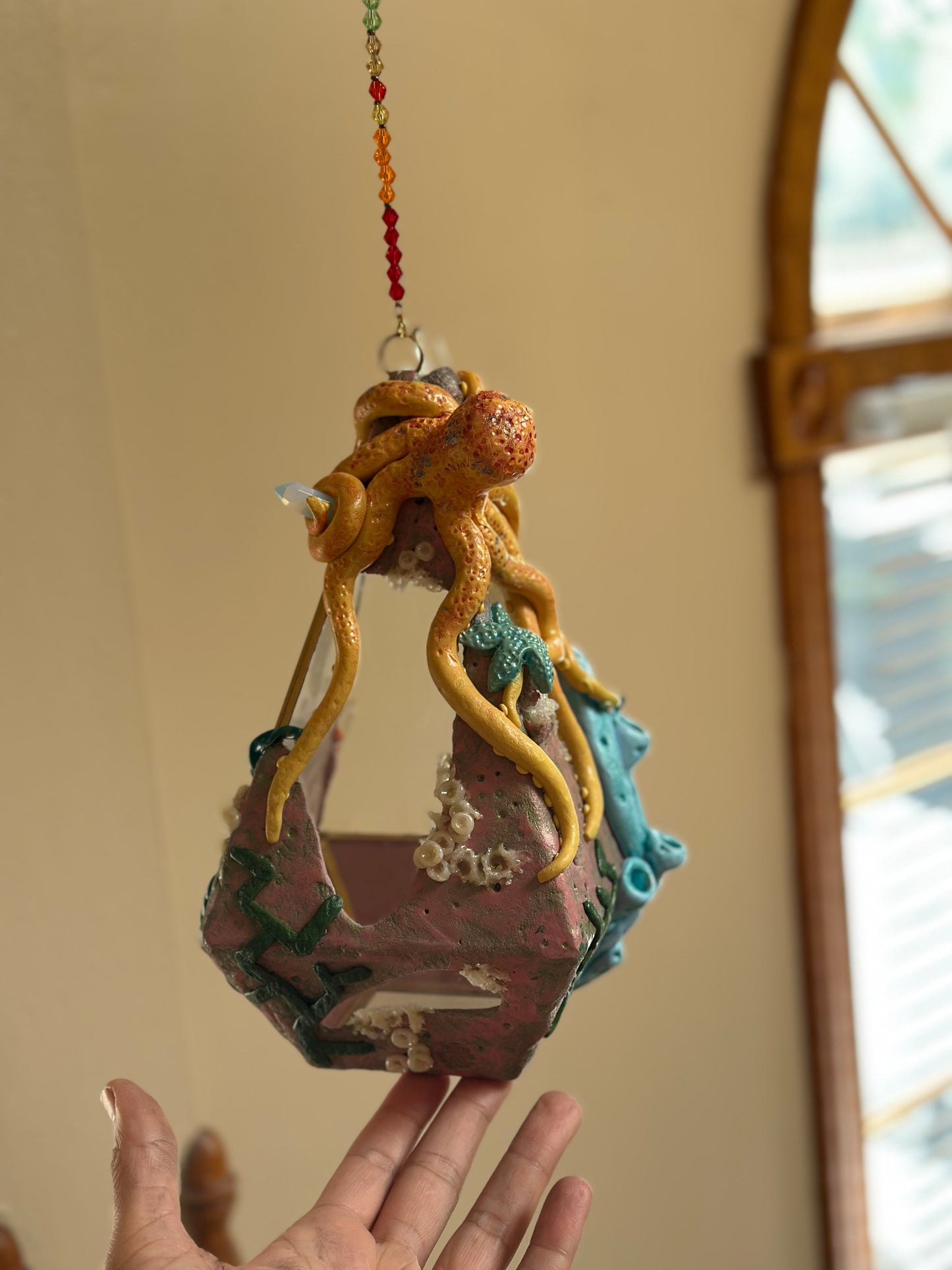 Hanging Terrarium | Yellow Octopus Ocean Floor with Quartz, Clusters and Opalite