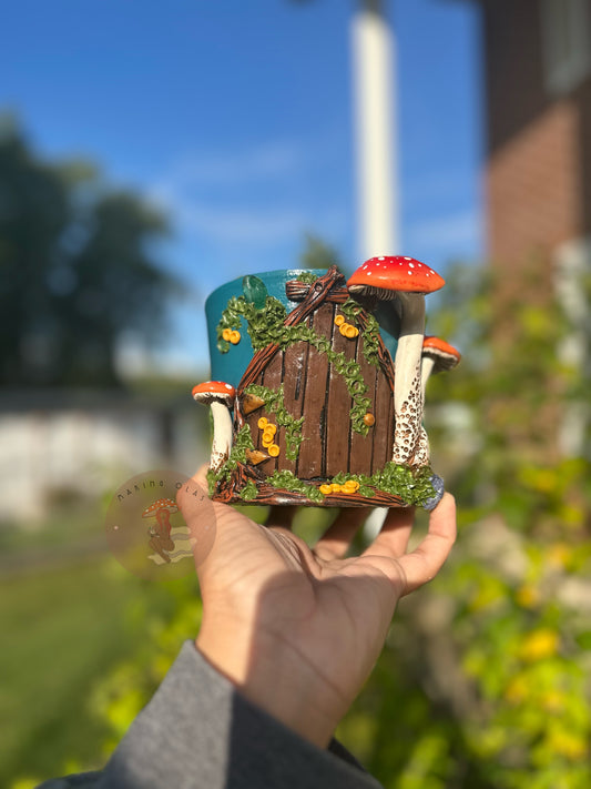 Plant Pot | 4” tall Fairy House with Orange Mushies + Quartz