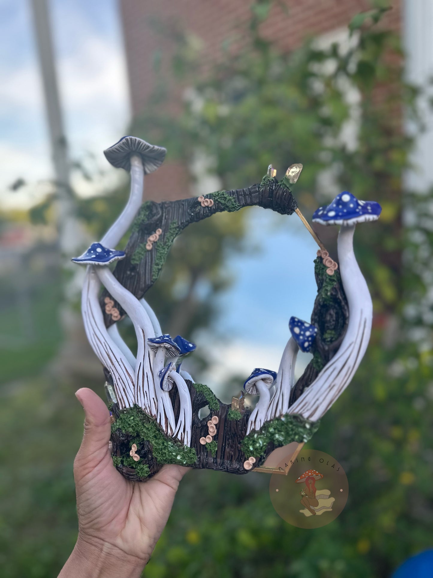 Hanging Mirror | Blue Mushrooms and Quartz