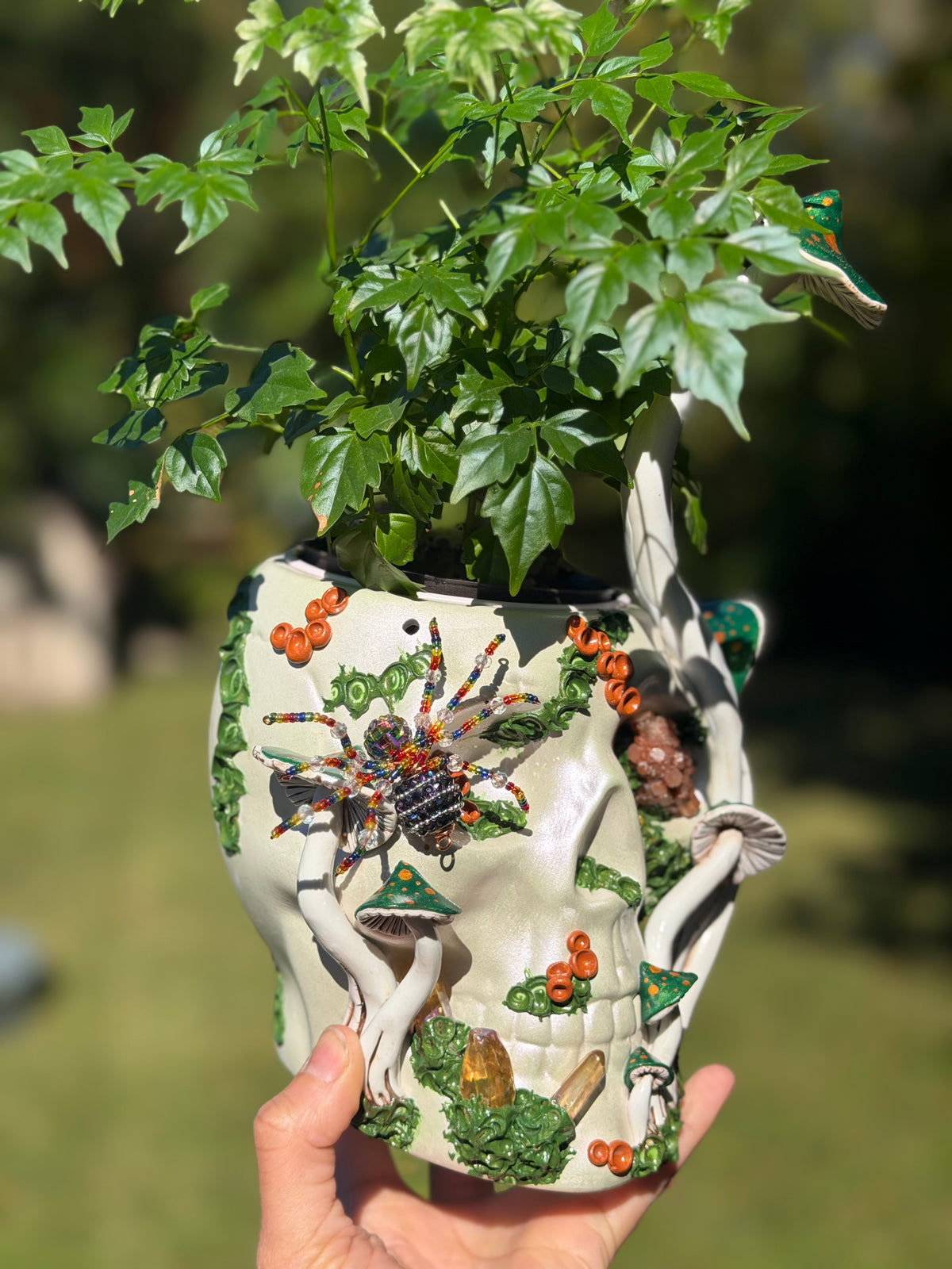 Skull Plant Pot Hanging | Green Mushrooms with Quartz + hand beaded spider