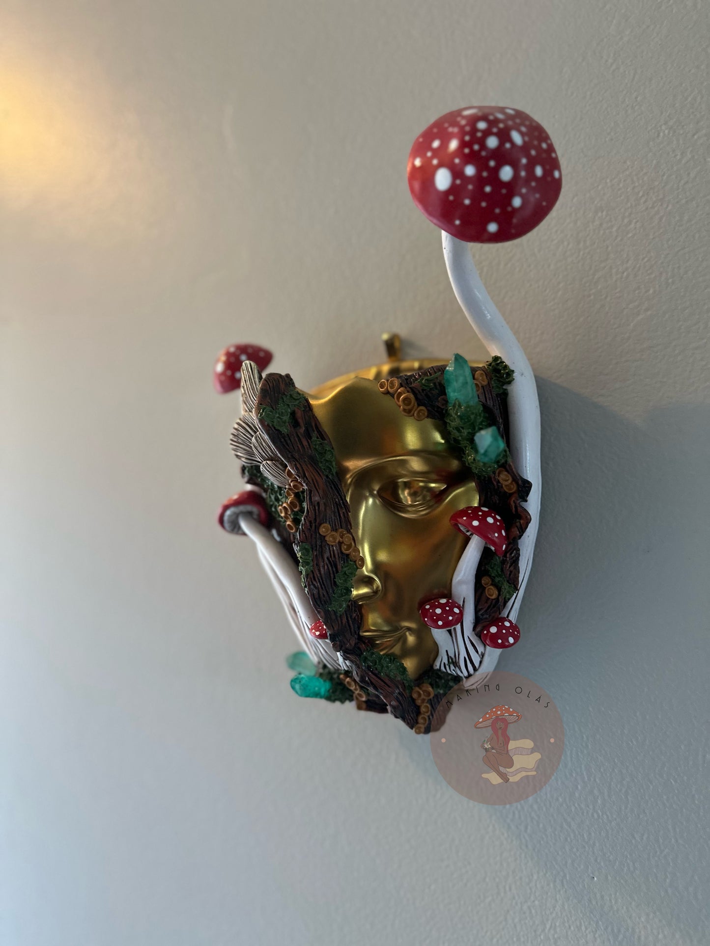 Hanging Wall Planter | Golden face Red Mushrooms Goddess with Quartz