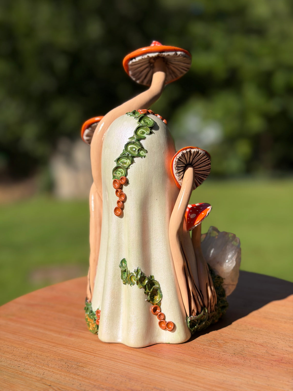 Ghost with Red|Orange Mushrooms and Quartz Cluster
