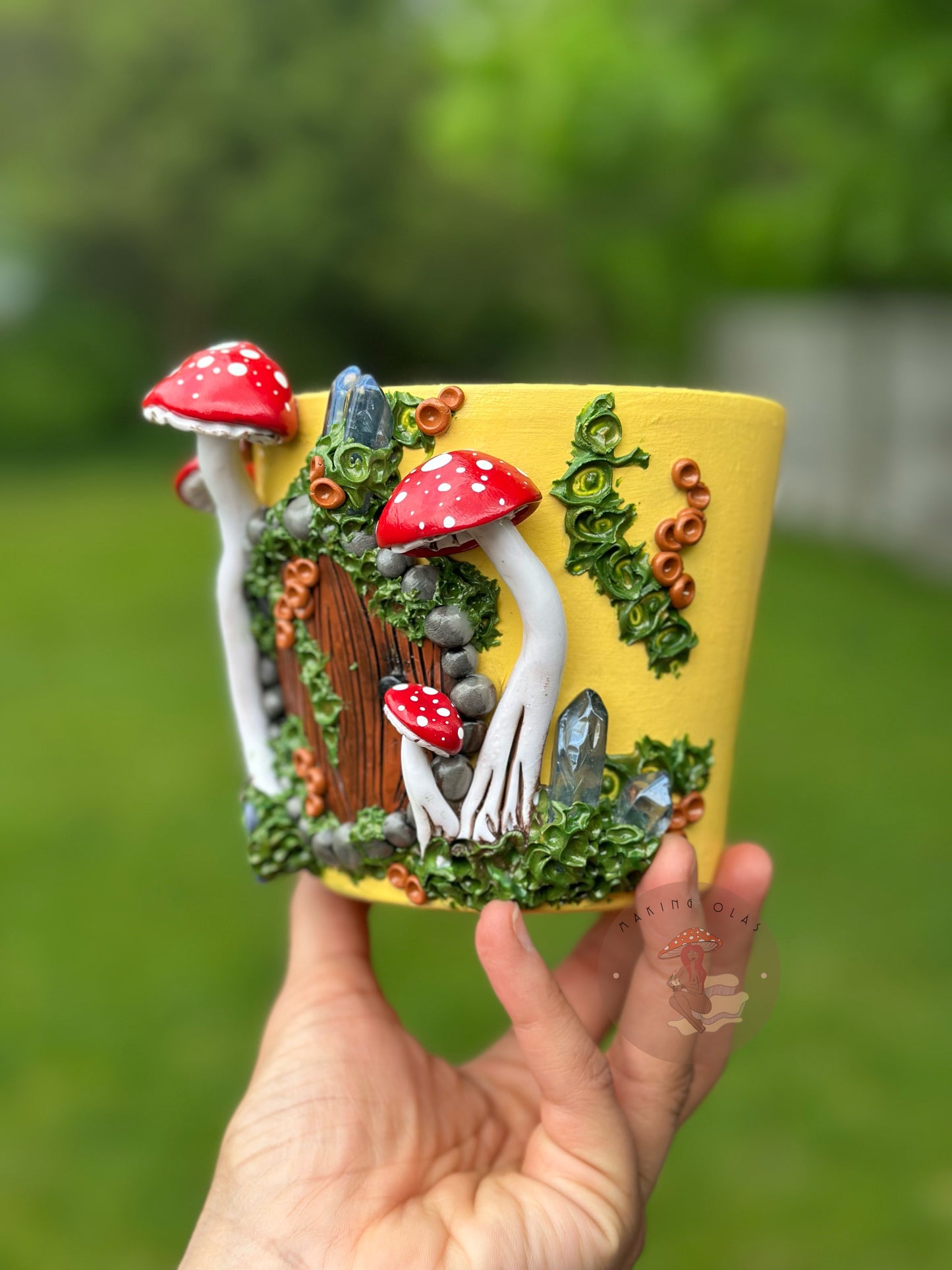 Plant Pot | 4” Tall Red Mushrooms with Quartz + Quartz Cluster