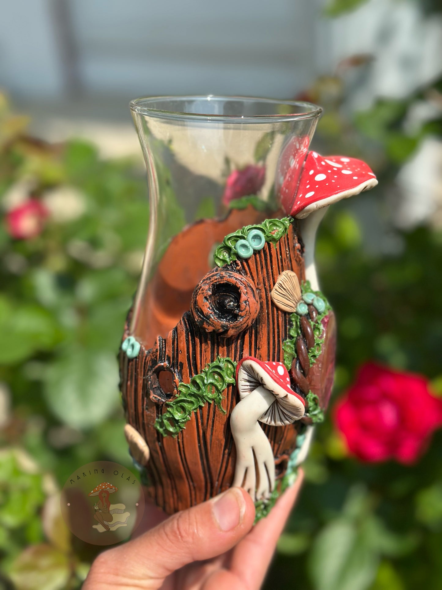 Vase | Pink Agate with Red Mushrooms