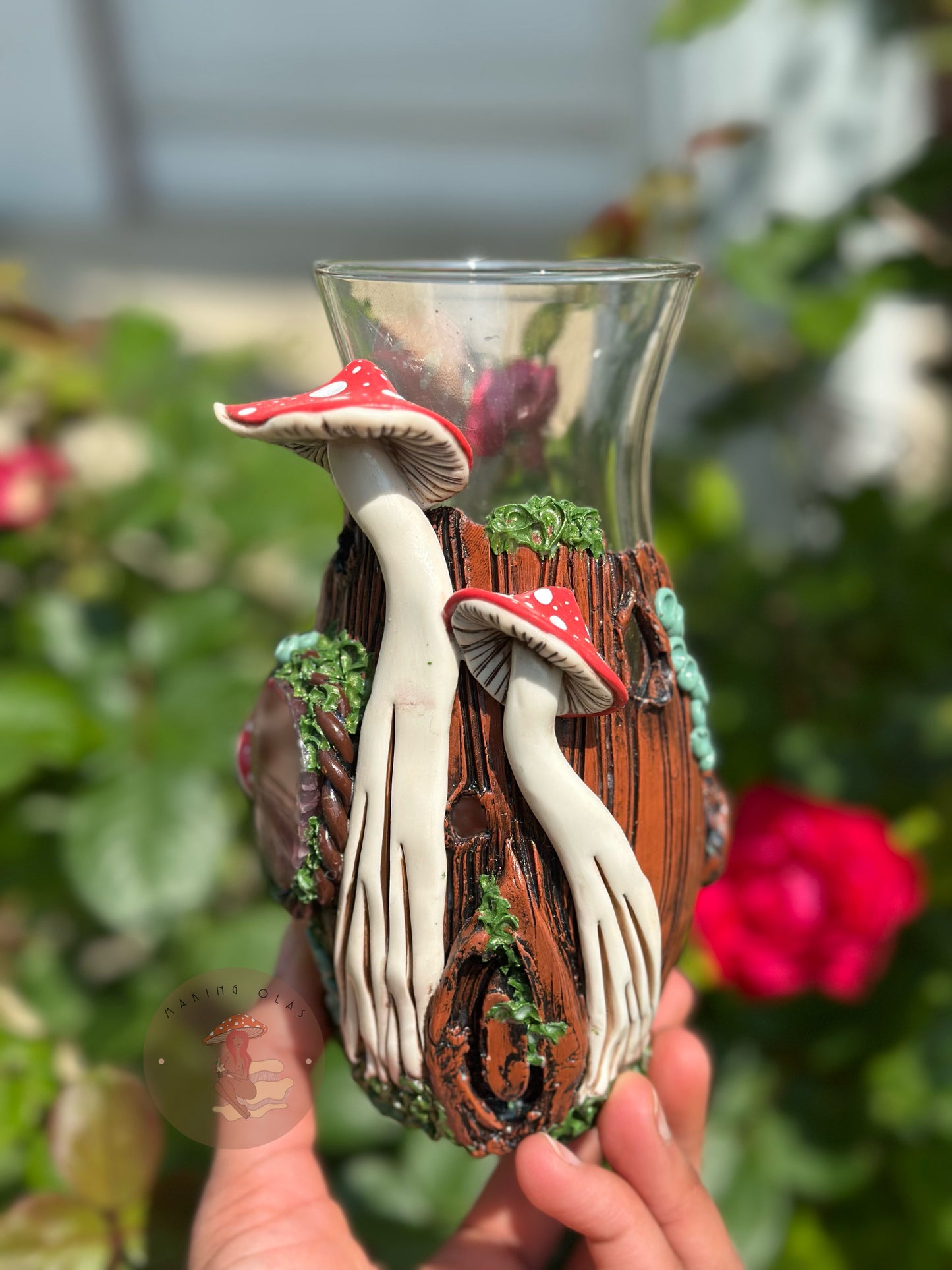 Vase | Pink Agate with Red Mushrooms