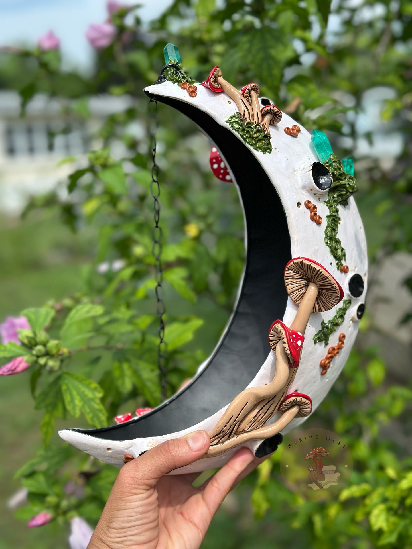PREORDER| Hanging Moon Planter with Red Mushrooms + Quartz