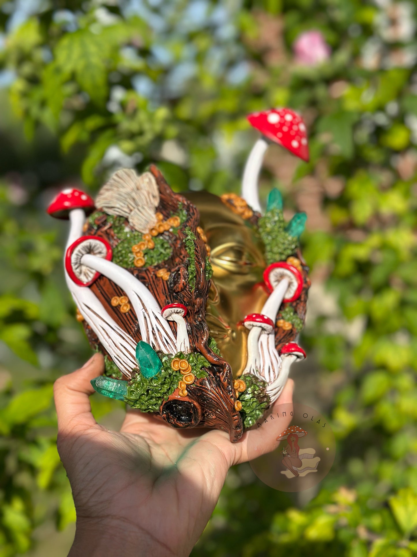 Hanging Wall Planter | Golden face Red Mushrooms Goddess with Quartz
