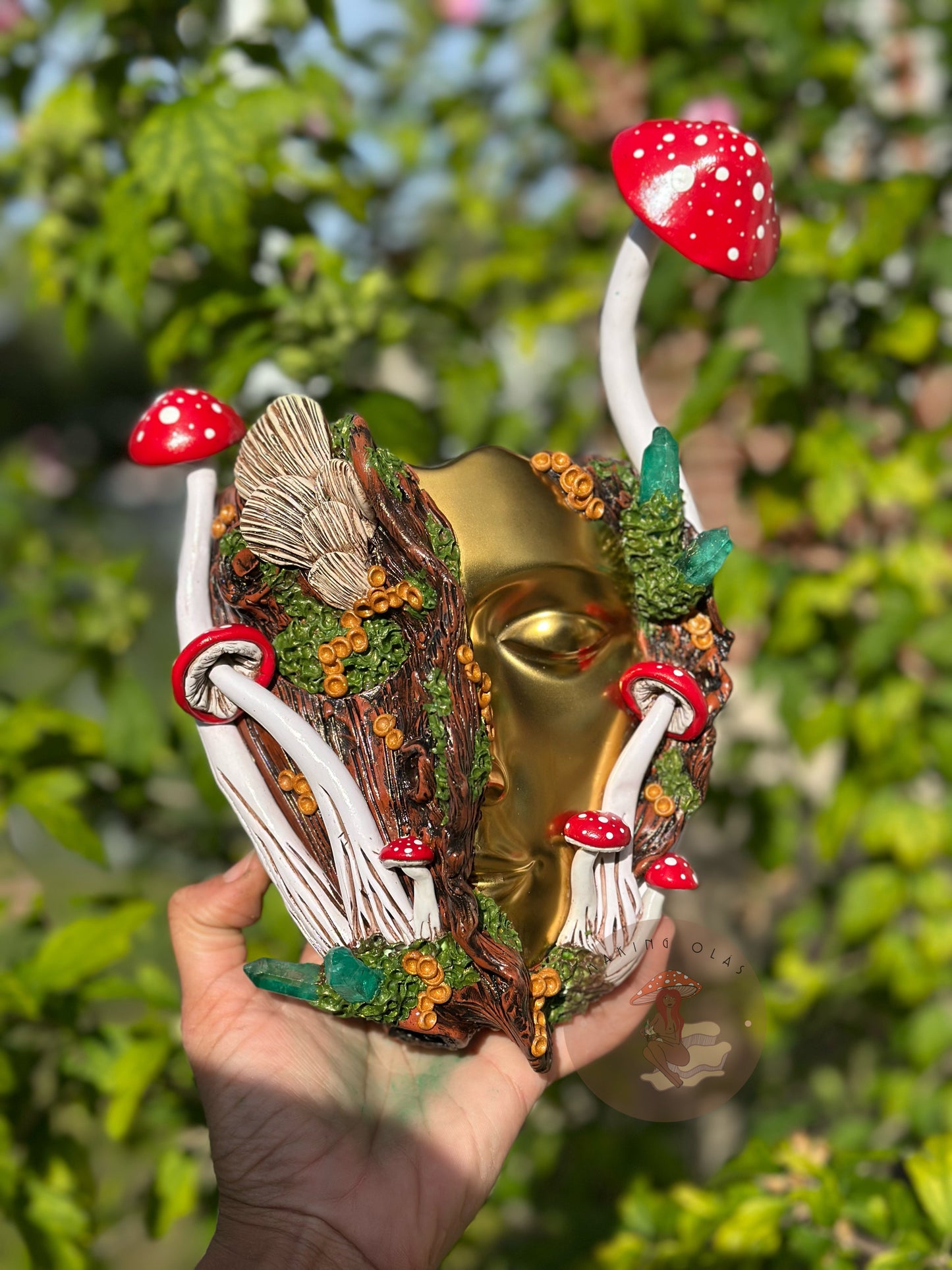 Hanging Wall Planter | Golden face Red Mushrooms Goddess with Quartz