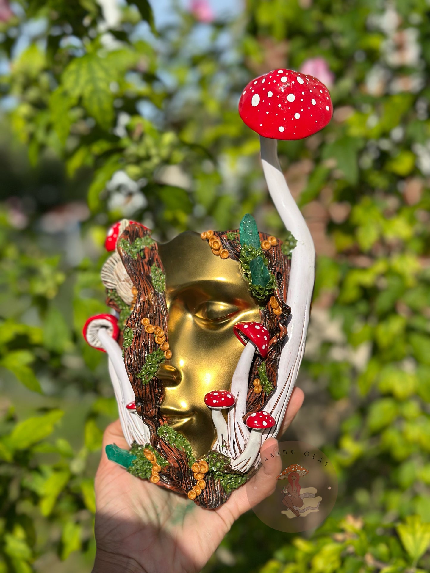 Hanging Wall Planter | Golden face Red Mushrooms Goddess with Quartz