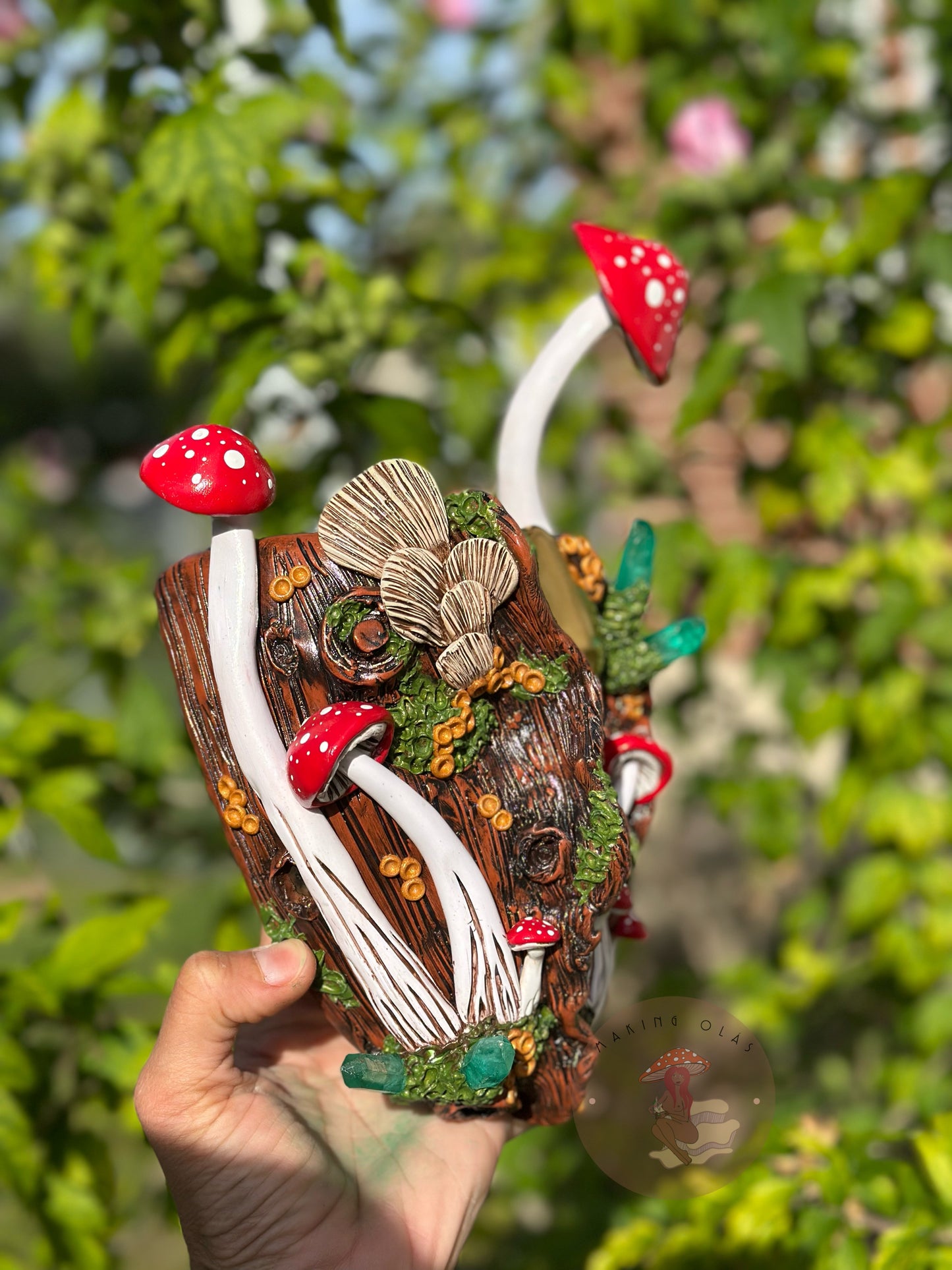 Hanging Wall Planter | Golden face Red Mushrooms Goddess with Quartz