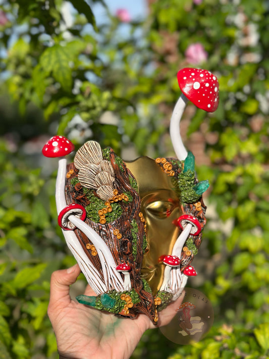 Hanging Wall Planter | Golden face Red Mushrooms Goddess with Quartz