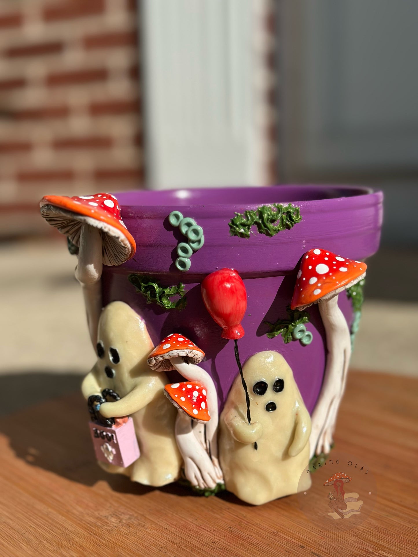 Plant Pot | 2 Ghosts trick or treating with Red Mushrooms 5.5” tall