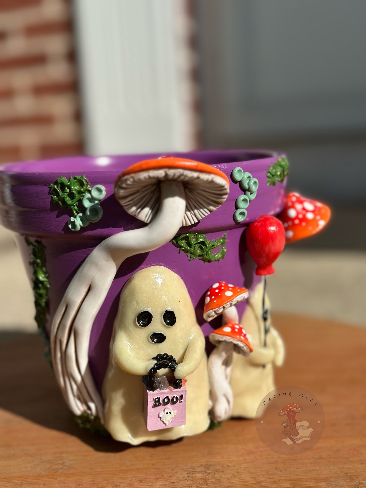 Plant Pot | 2 Ghosts trick or treating with Red Mushrooms 5.5” tall