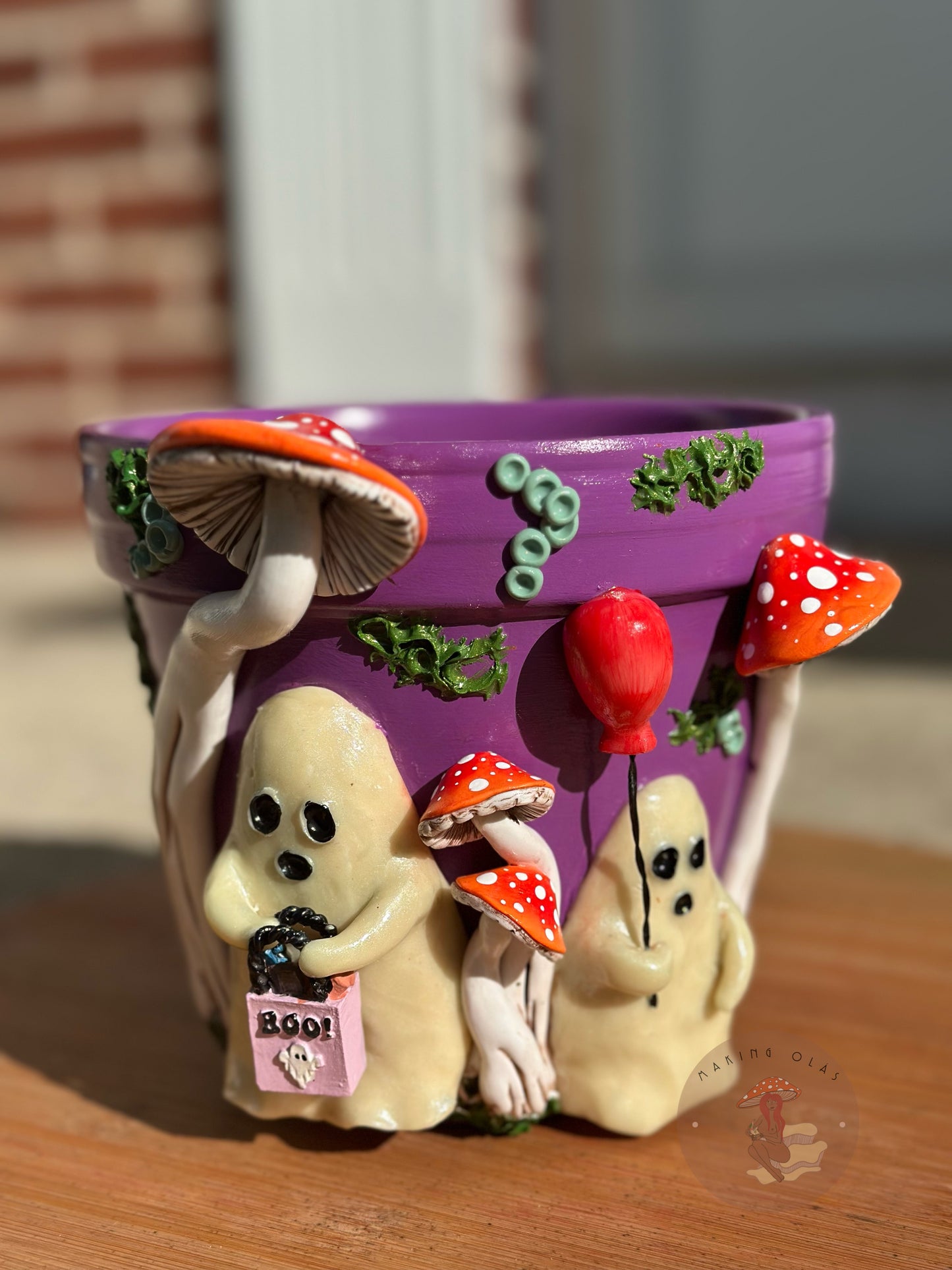 Plant Pot | 2 Ghosts trick or treating with Red Mushrooms 5.5” tall