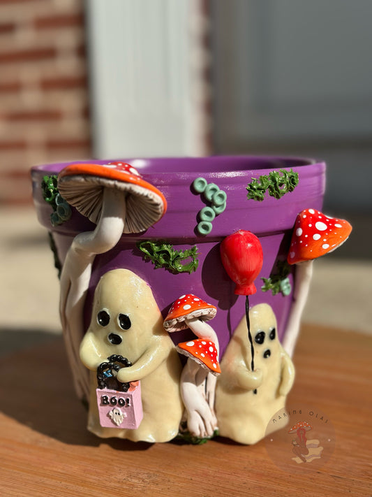Plant Pot | 2 Ghosts trick or treating with Red Mushrooms 5.5” tall