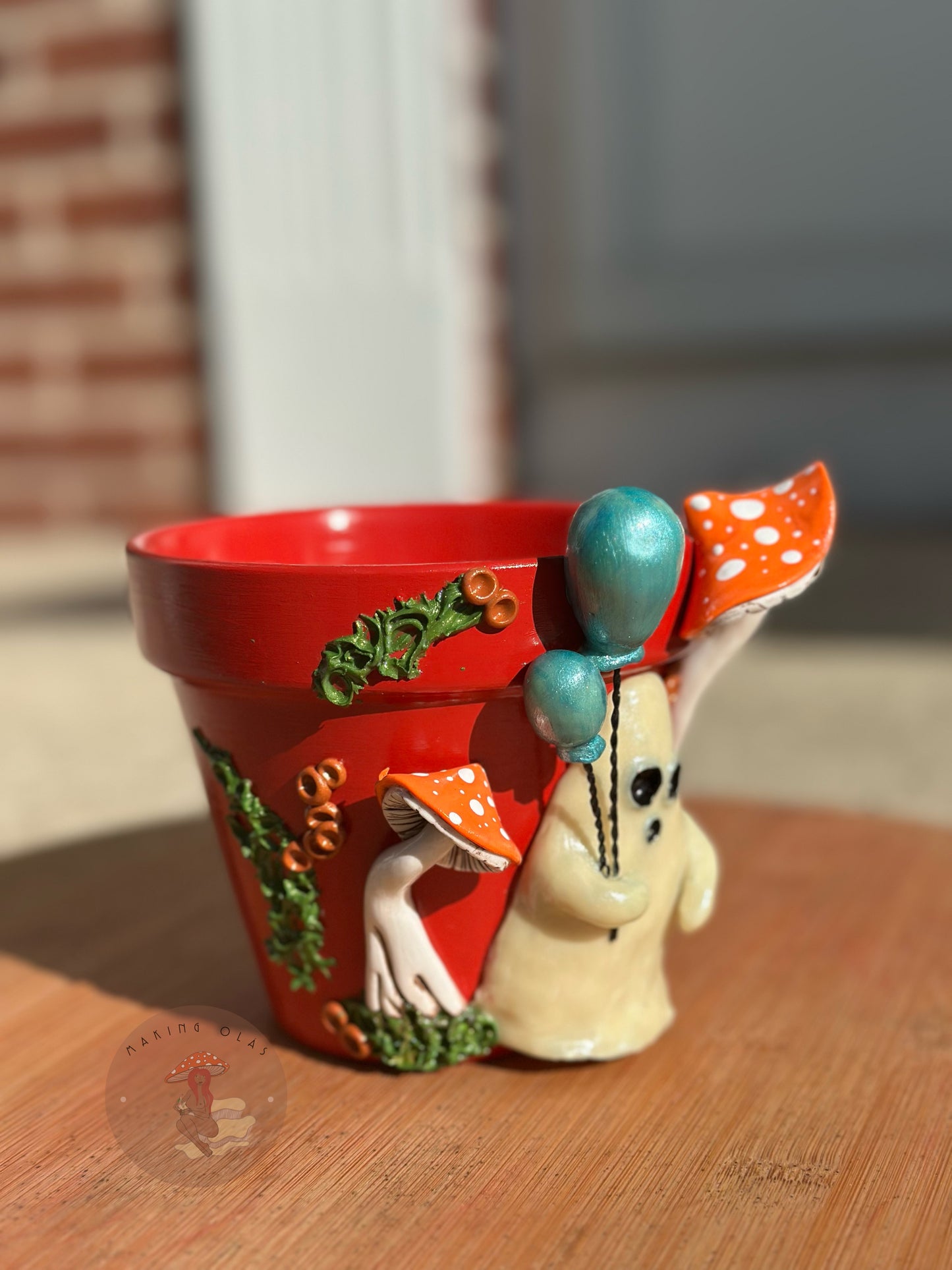 Plant Pot | Ghost with Balloons + Orange Mushrooms 4” tall