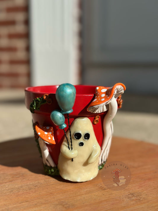 Plant Pot | Ghost with Balloons + Orange Mushrooms 4” tall