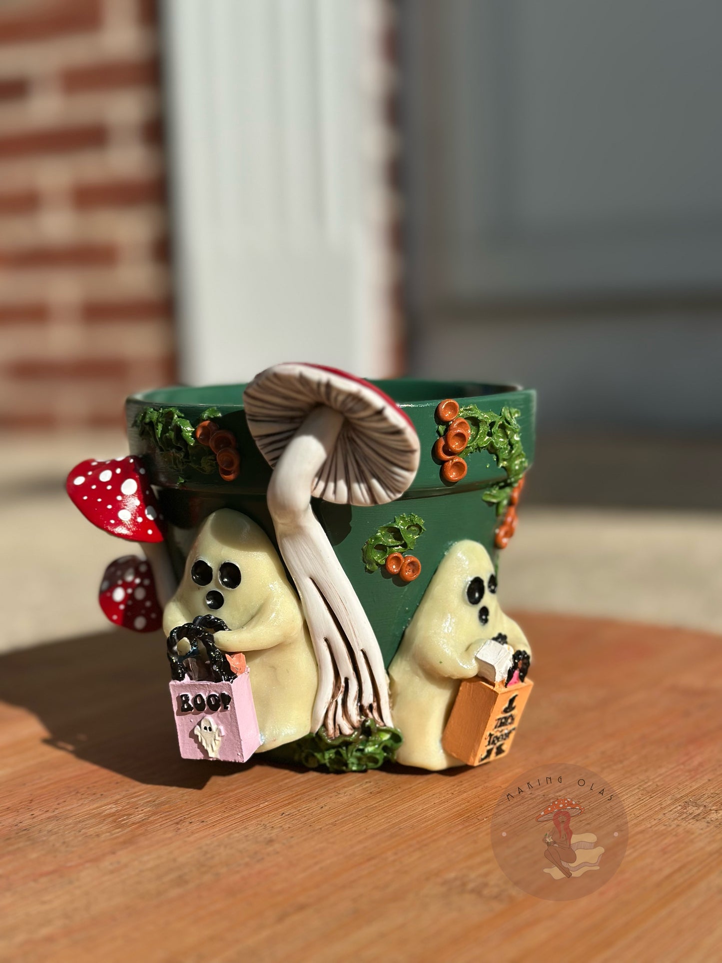 Plant Pot | 2 Ghosts Trick or Treating + Red Mushrooms 4” tall