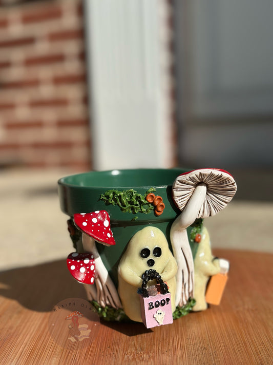 Plant Pot | 2 Ghosts Trick or Treating + Red Mushrooms 4” tall