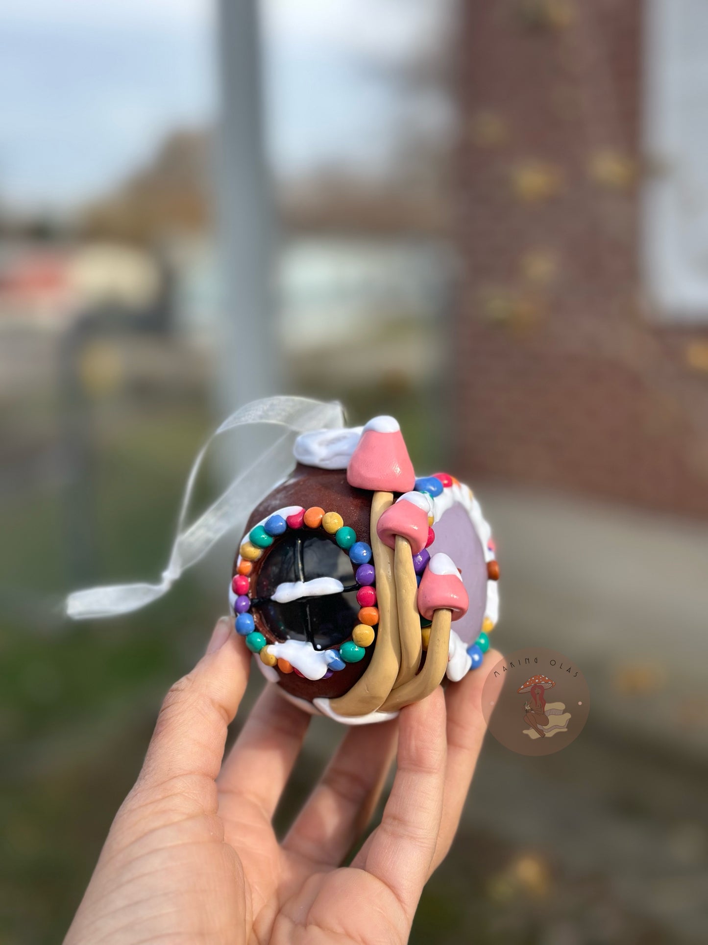 Ornament | Icing Gingerbread House with Purple Door + Pink frosted Gumdrop mushrooms