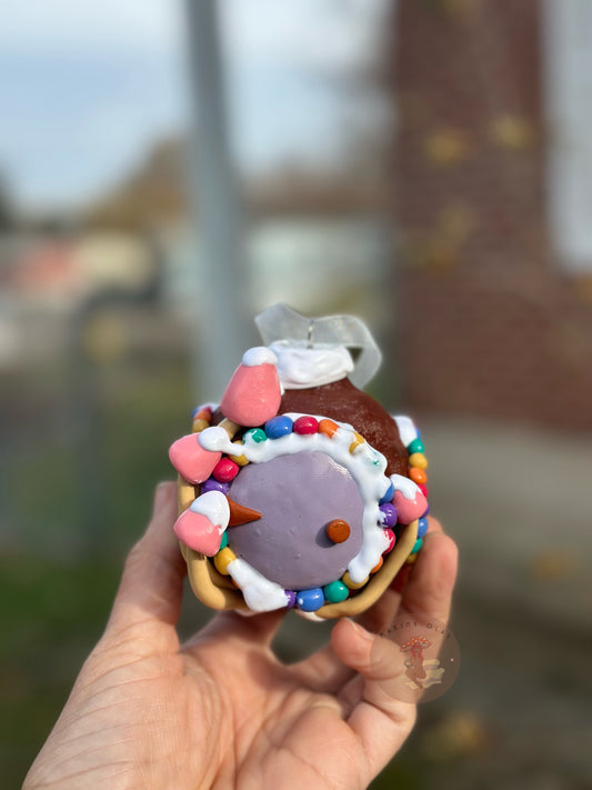Ornament | Icing Gingerbread House with Purple Door + Pink frosted Gumdrop mushrooms