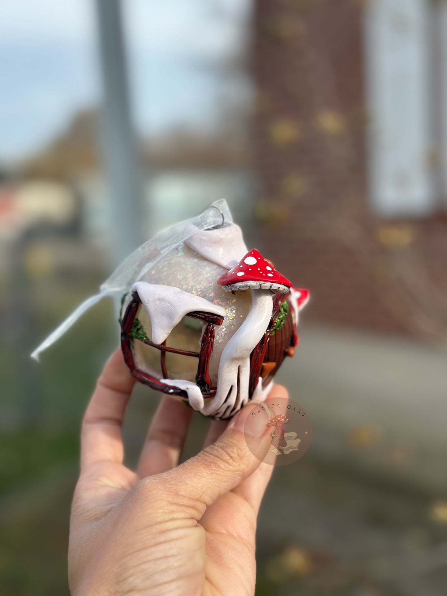 Ornament | Snowball House with Brown Moon + Red Mushrooms