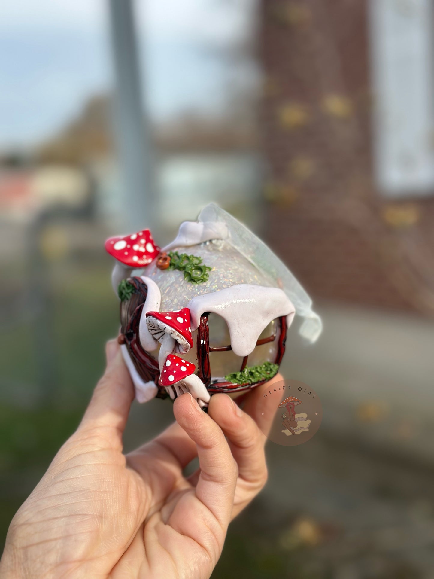 Ornament | Snowball House with Brown Moon + Red Mushrooms