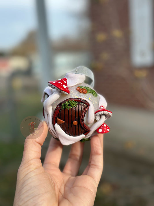 Ornament | Snowball House with Brown Moon + Red Mushrooms